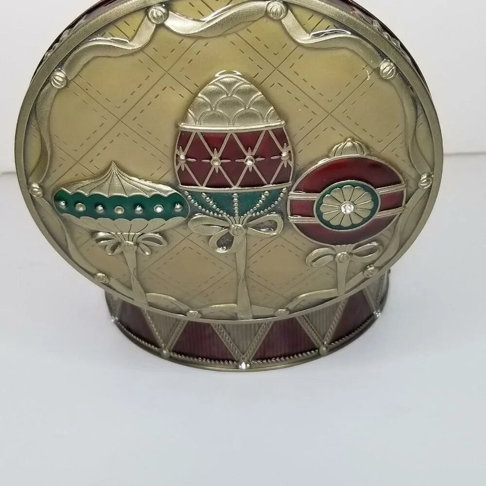 Mirrored Jewelry Box Christmas Red Gold Ornaments Black Velvet Enamel